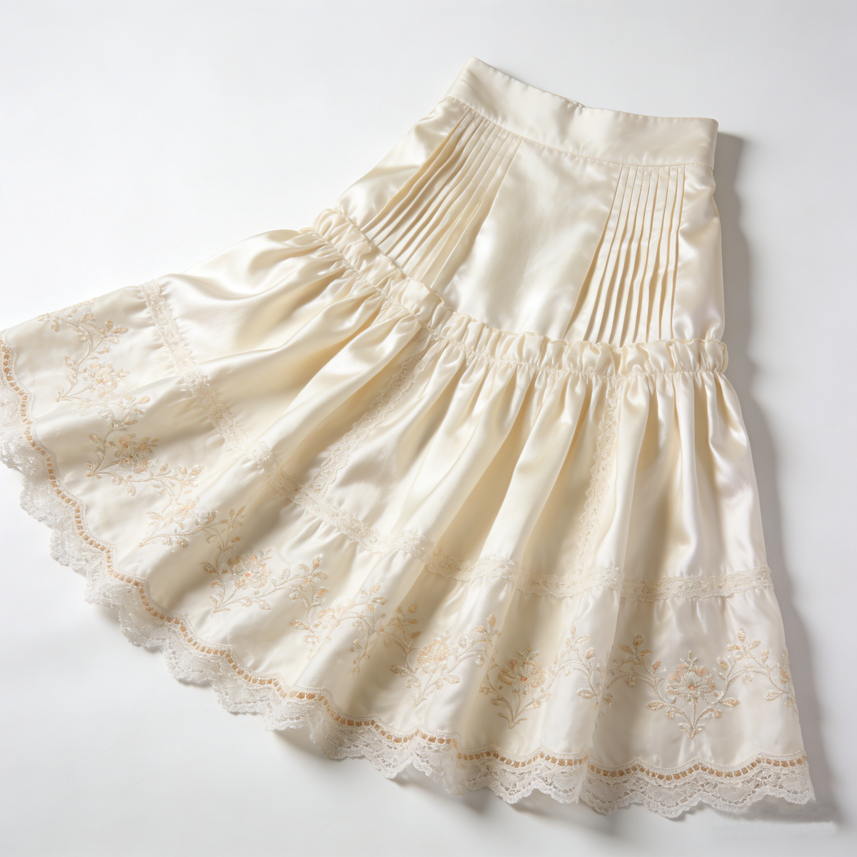 Floral Embroidery Lace Ruffle Midi Skirt