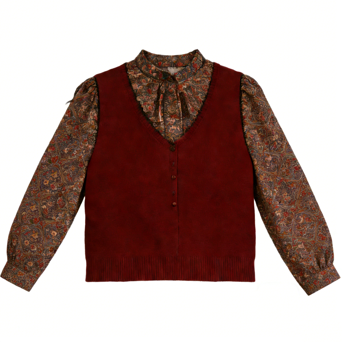 Burgundy Knit Vest & Vintage Floral Blouse Two-Piece