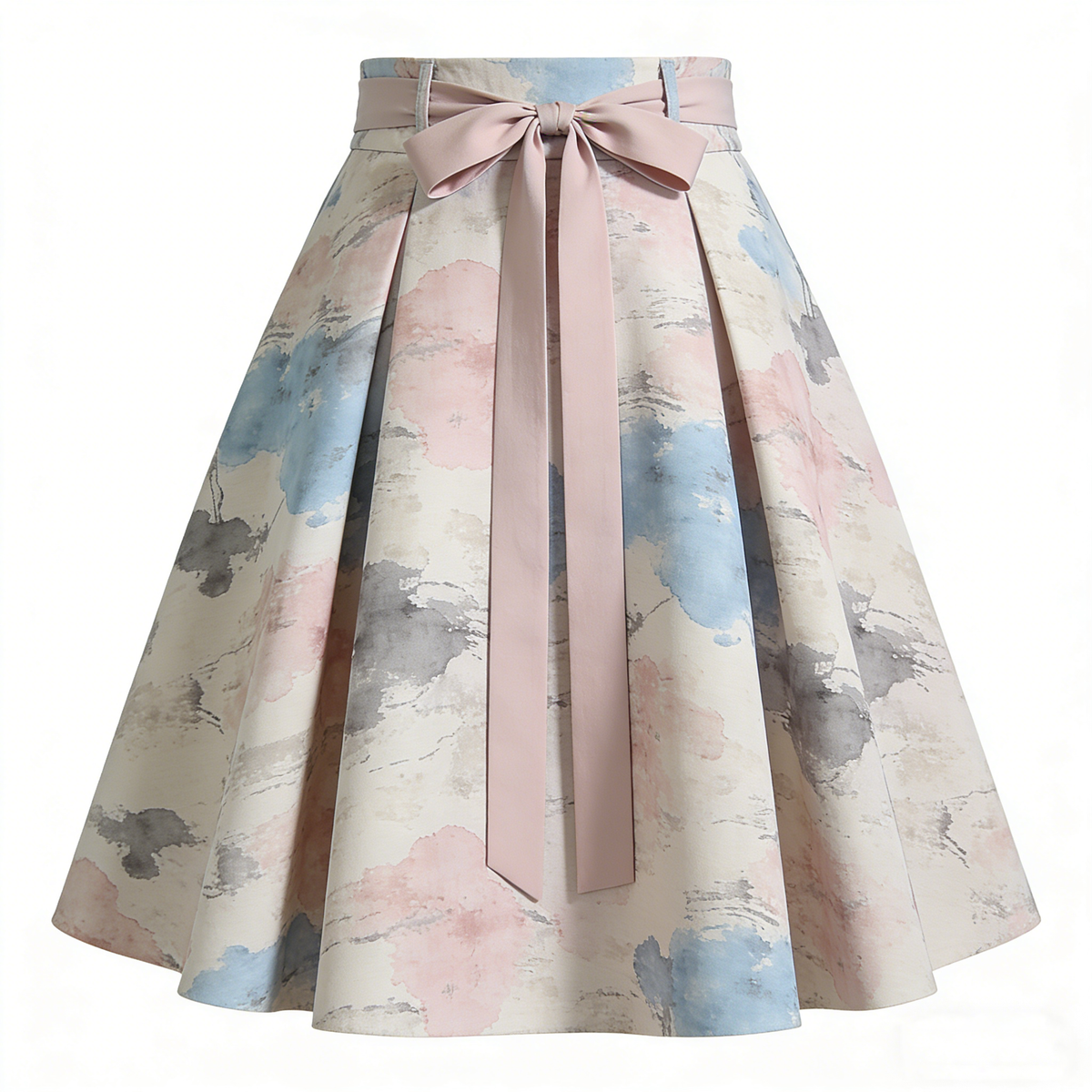Pink & Blue Watercolor Print Flared Midi Skirt