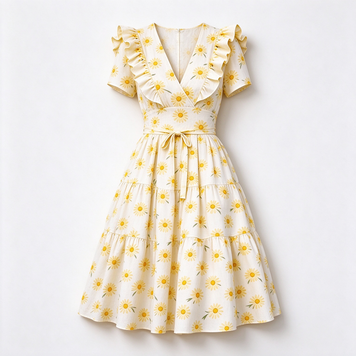 Cream Floral Ruffled V-Neck Tiered Dress