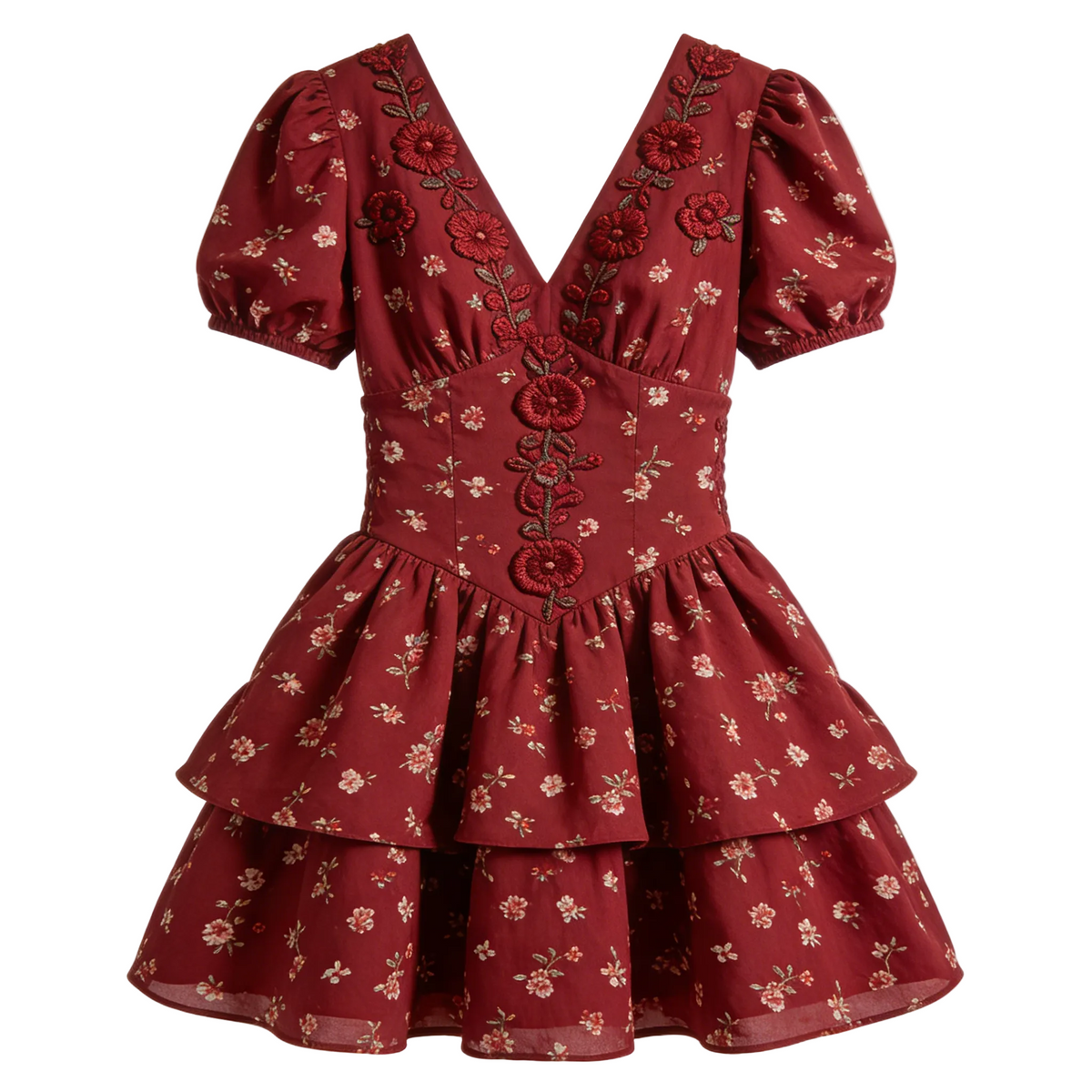 Burgundy Floral Tiered Dress